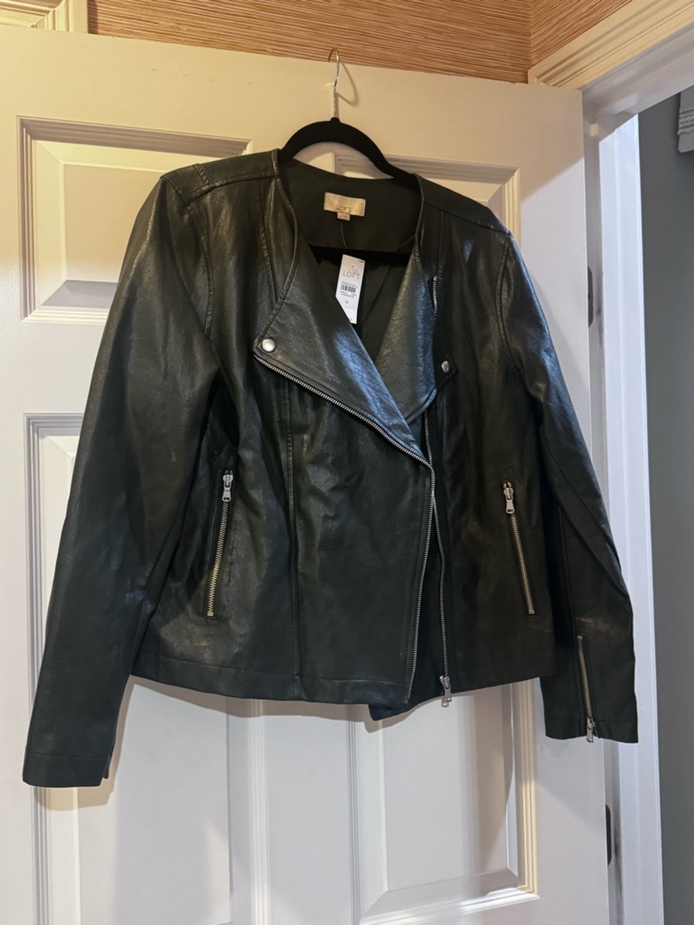 LOFT Dark Green Faux Leather Moto Jacket with Silver Hardware
